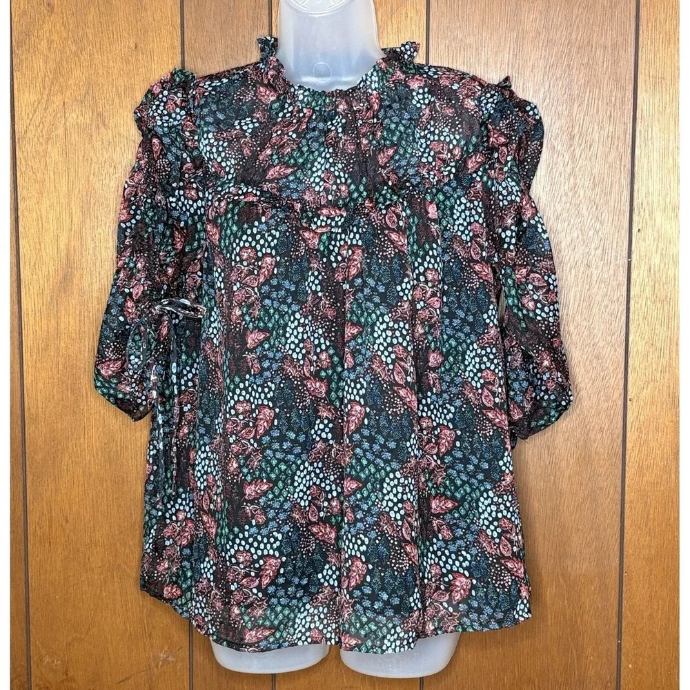 LOFT Blouse Women M Black Floral Boho‎ Cottage Whimsigoth Ruffle Witchy Peasant